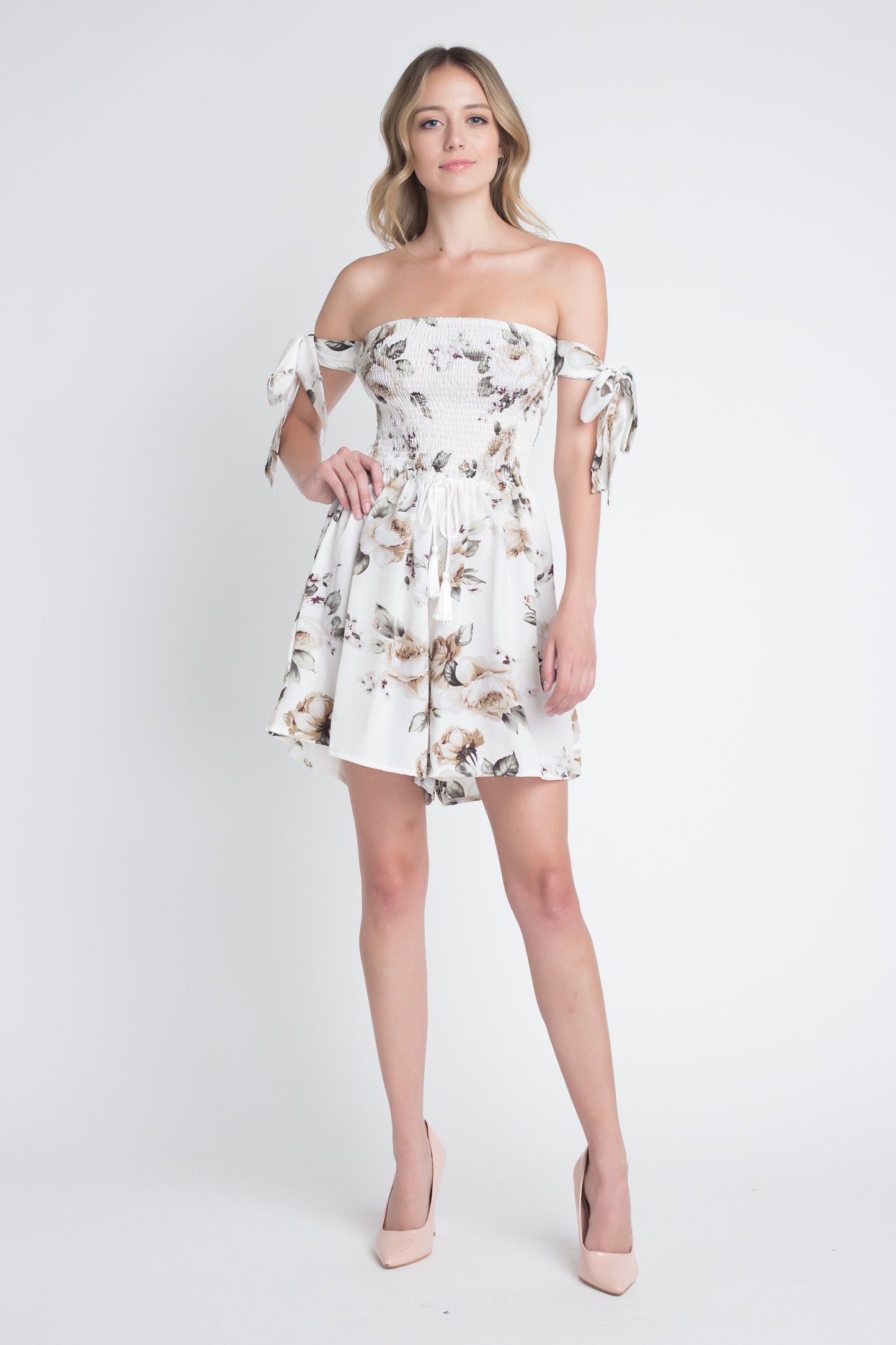 Women's Off Shoulder Smocked Floral Tie Romper - TruGlo Fit #