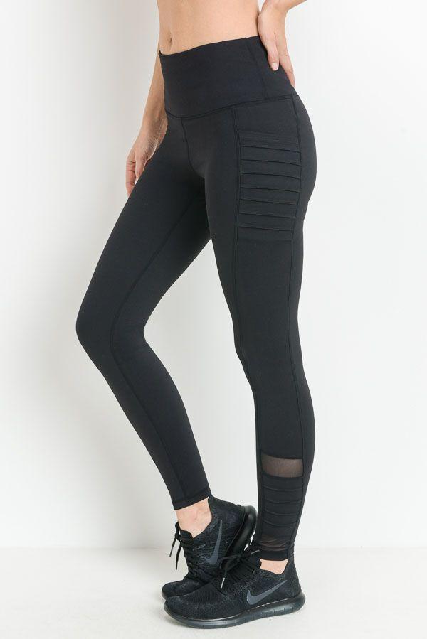 Highwaist Moto Ribbed Full Leggings with Mesh Leggings and Pockets - TruGlo Fit #