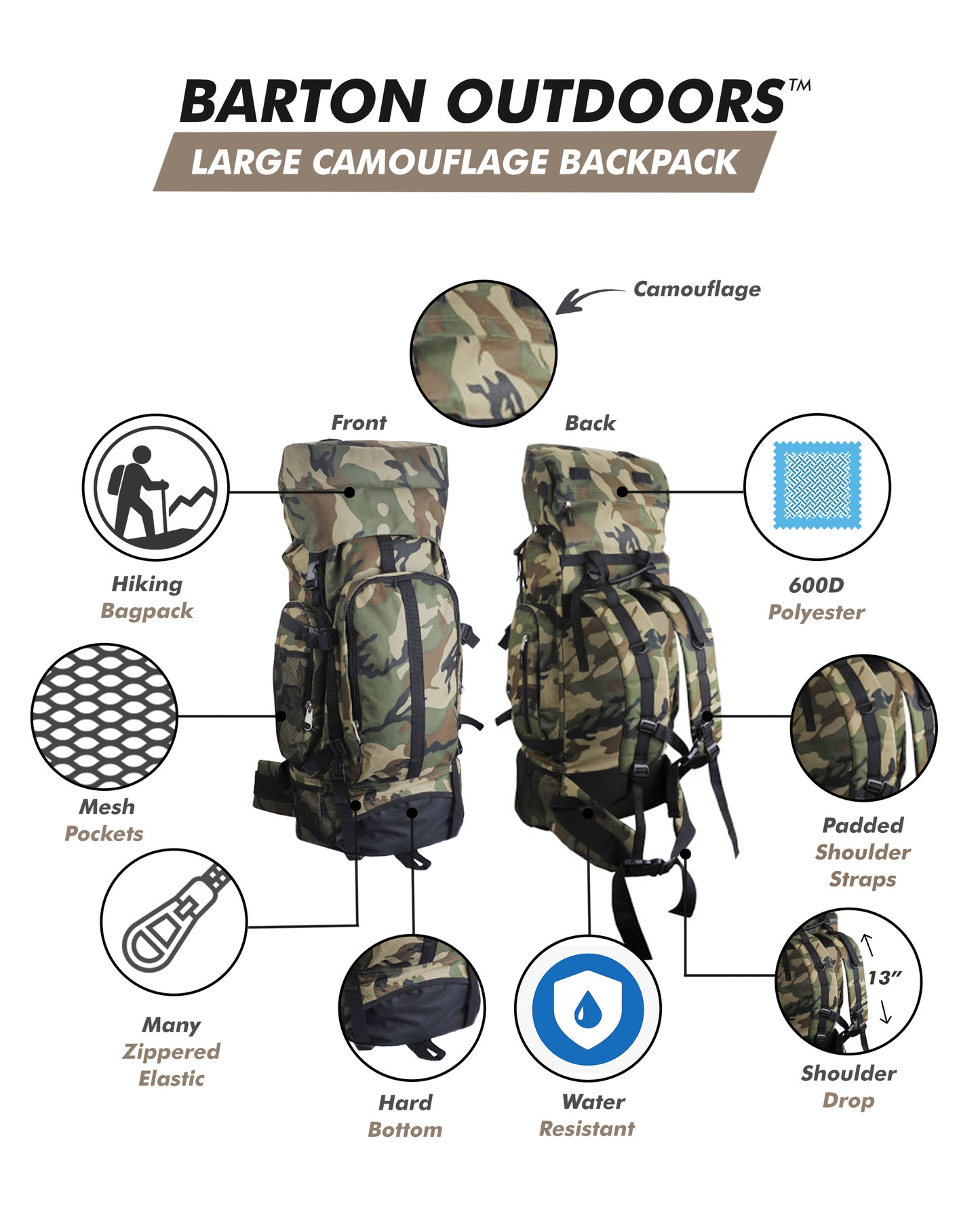 Camouflage 30" Hiking/Camping Water-Resistant Mountaineer's Backpack - TruGlo Fit #